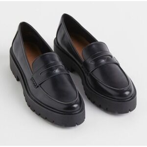 H&M Womens Black Chunky Platform Penny Loafers Lug Sole Shoes Size US 7 EUR 38
